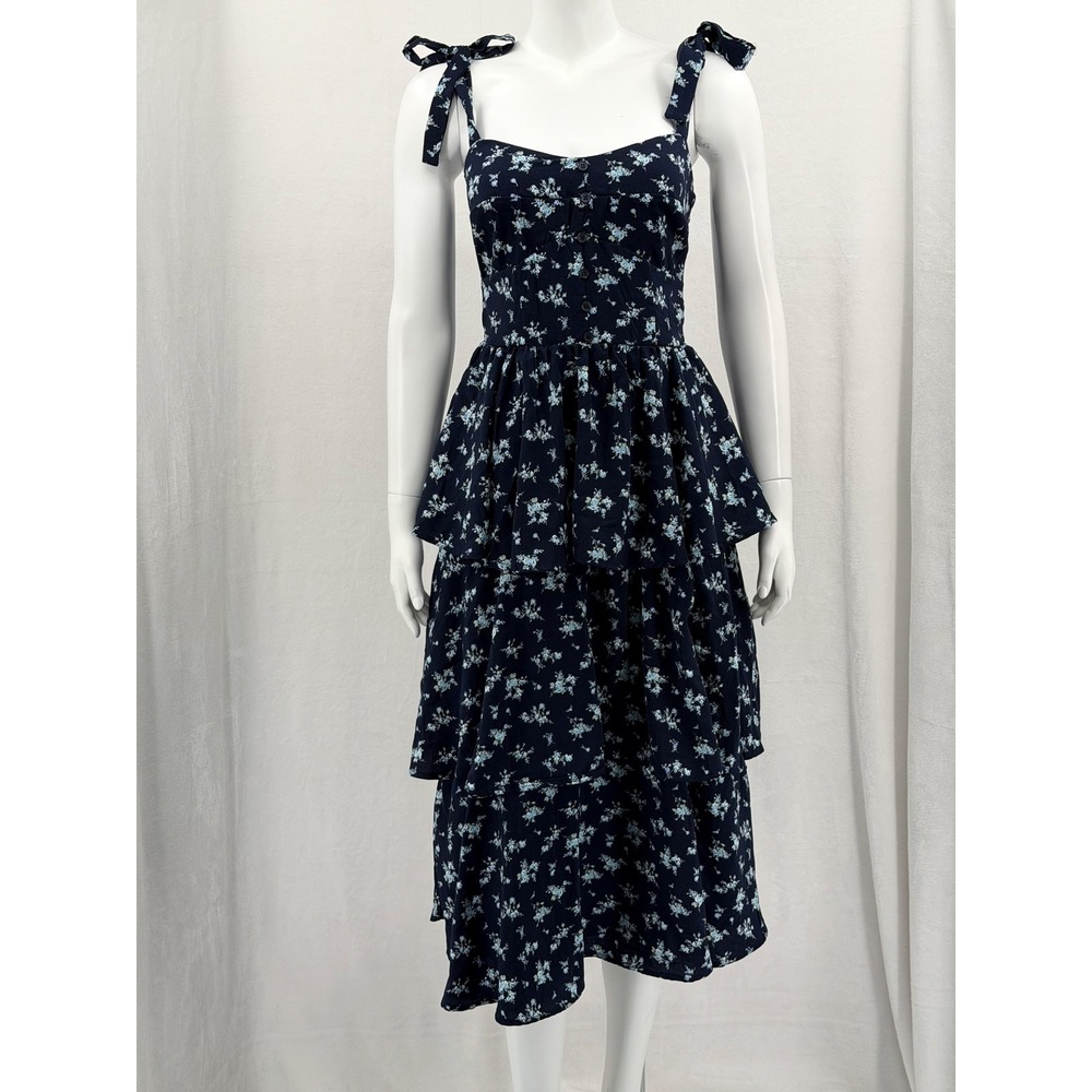 Trixxi Dress Womens Small Navy Floral Tiered Prairie Boho Cottagecore Romantic